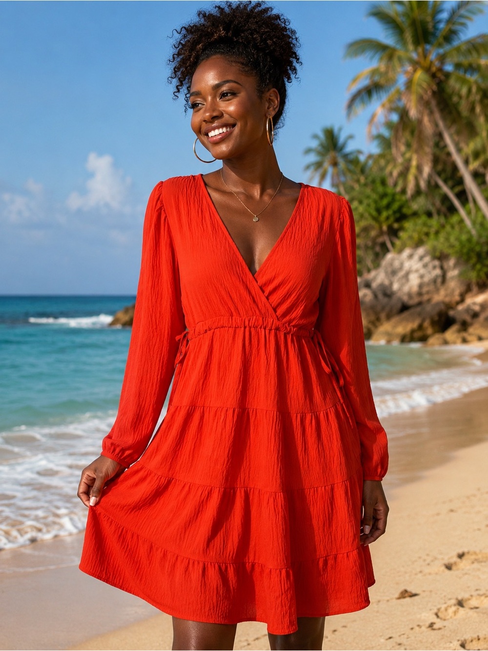 Max Studio London Orange Tiered Wrap Dress Long Sleeve Drawstring Waist Size S